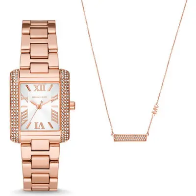 Michael Kors Emery Women’s Rose Gold-Tone Watch & Necklace Set | 33mm Rectangular Pavé Case with Roman Numeral Sunray Dial (MK1074SET)
