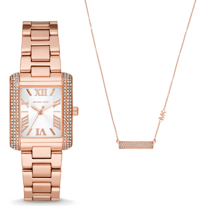 Michael Kors Emery Women’s Rose Gold-Tone Watch & Necklace Set | 33mm Rectangular Pavé Case with Roman Numeral Sunray Dial (MK1074SET)