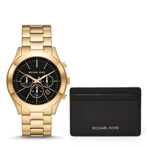Michael Kors Slim Runway Men’s Gold-Tone Chronograph Watch Gift Set | 44mm Black Dial with Saffiano Leather Card Case (MK1076SET)