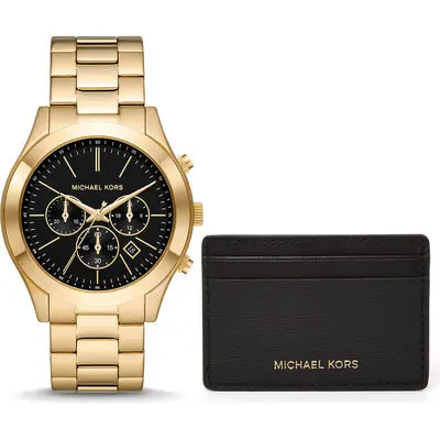 Michael Kors Slim Runway Men’s Gold-Tone Chronograph Watch Gift Set | 44mm Black Dial with Saffiano Leather Card Case (MK1076SET)