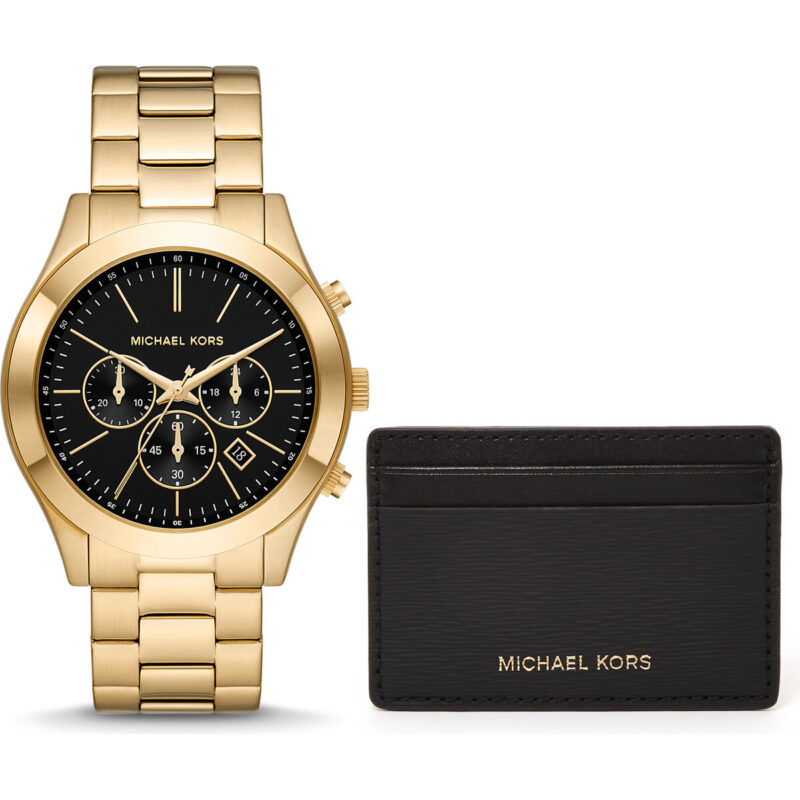 Michael Kors Slim Runway Men’s Gold-Tone Chronograph Watch Gift Set | 44mm Black Dial with Saffiano Leather Card Case (MK1076SET)