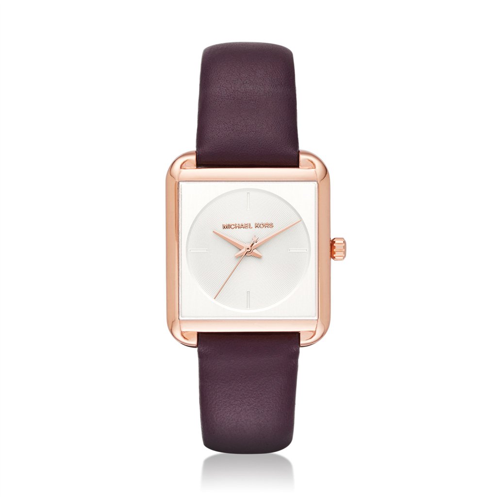 Michael Kors Lake Women’s Rose Gold-Tone Square Watch | 32mm Minimalist White Dial with Plum Purple Leather Strap (MK2585)