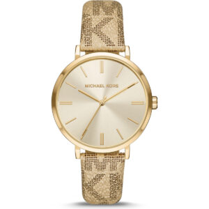 Michael Kors Addyson Women’s Gold-Tone Watch | 40mm Gold Sunray Dial with Beige Signature Logo PVC Leather Strap (MK2952)