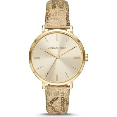 Michael Kors Addyson Women’s Gold-Tone Watch | 40mm Gold Sunray Dial with Beige Signature Logo PVC Leather Strap (MK2952)