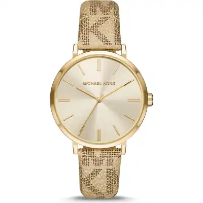 Michael Kors Addyson Women’s Gold-Tone Watch | 40mm Gold Sunray Dial with Beige Signature Logo PVC Leather Strap (MK2952)