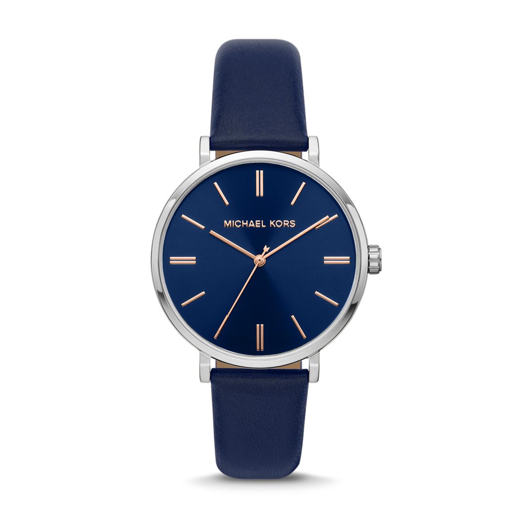 Michael Kors Addyson Women’s Silver-Tone Watch | 40mm Navy Blue Dial with Navy Genuine Leather Strap (MK2968)