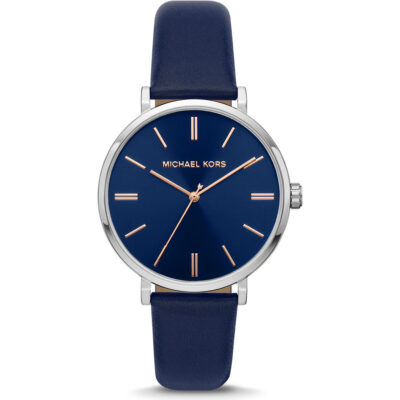 Michael Kors Addyson Women’s Silver-Tone Watch | 40mm Navy Blue Dial with Navy Genuine Leather Strap (MK2968)