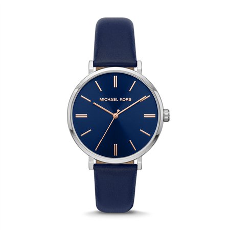 Michael Kors Addyson Women’s Silver-Tone Watch | 40mm Navy Blue Dial with Navy Genuine Leather Strap (MK2968)