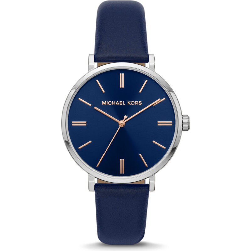 Michael Kors Addyson Women’s Silver-Tone Watch | 40mm Navy Blue Dial with Navy Genuine Leather Strap (MK2968)