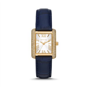 Michael Kors Emery Women’s Gold-Tone Rectangular Watch | 33mm Silver Guilloché Dial with Pavé Crystal Bezel and Navy Croco Leather Strap (MK2982)