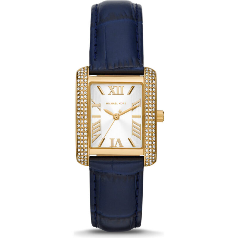Michael Kors Emery Women’s Gold-Tone Rectangular Watch | 33mm Silver Guilloché Dial with Pavé Crystal Bezel and Navy Croco Leather Strap (MK2982)