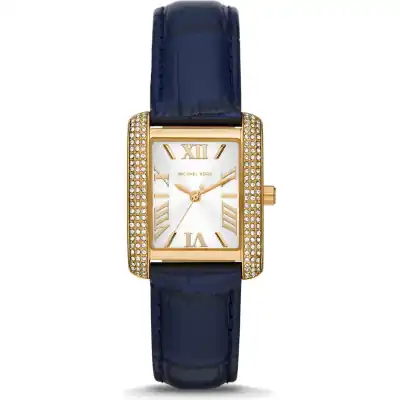 Michael Kors Emery Women’s Gold-Tone Rectangular Watch | 33mm Silver Guilloché Dial with Pavé Crystal Bezel and Navy Croco Leather Strap (MK2982)