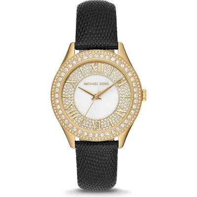 Michael Kors Harlowe Women’s Gold-Tone Watch | 38mm White Dial with Pavé Crystal Bezel and Black Lizard-Embossed Leather Strap (MK2988)