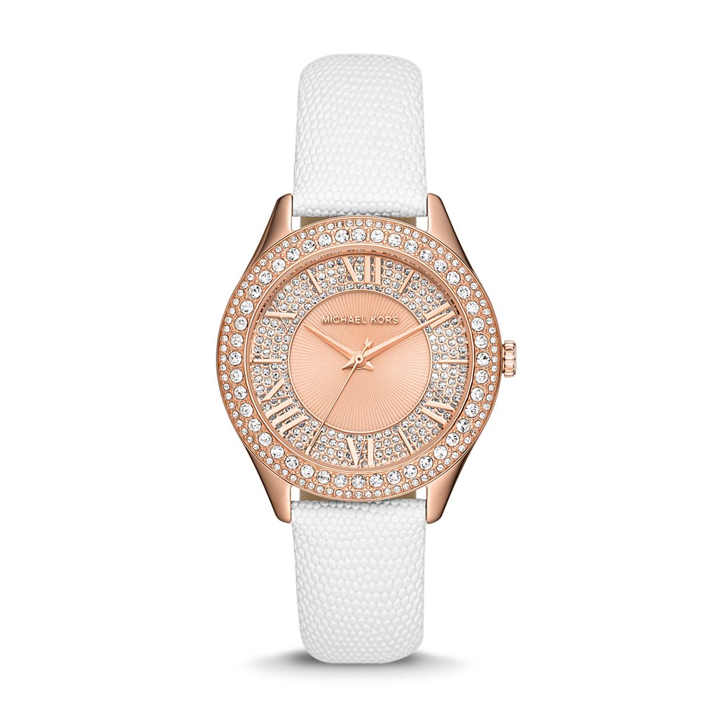 MK2989 main Michael Kors Harlowe Women’s Rose Gold-Tone Watch | 38mm Pavé Crystal Dial and Bezel with White Lizard-Embossed Leather Strap (MK2989)