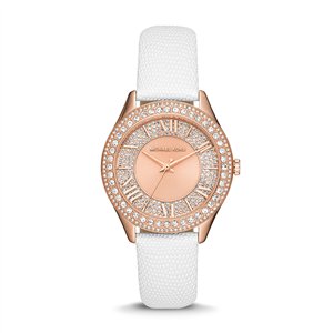 Michael Kors Harlowe Women’s Rose Gold-Tone Watch | 38mm Pavé Crystal Dial and Bezel with White Lizard-Embossed Leather Strap (MK2989)