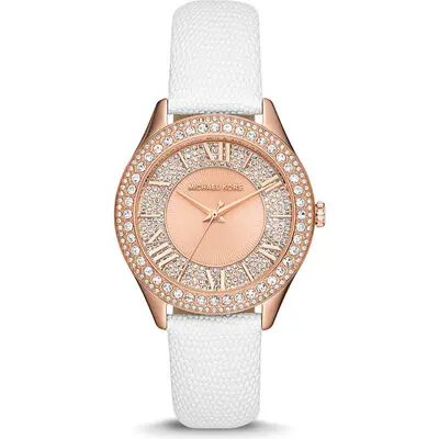 Michael Kors Harlowe Women’s Rose Gold-Tone Watch | 38mm Pavé Crystal Dial and Bezel with White Lizard-Embossed Leather Strap (MK2989)
