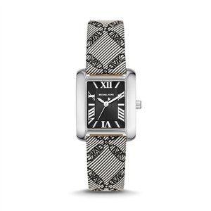 Michael Kors Emery Women’s Silver-Tone Rectangular Watch | 33mm Black Dial with Crystal Bezel and Black Empire Logo Jacquard Strap (MK2991)