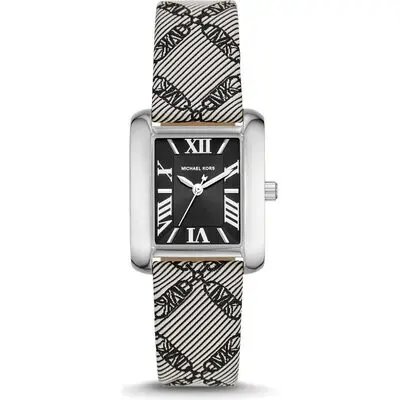 Michael Kors Emery Women’s Silver-Tone Rectangular Watch | 33mm Black Dial with Crystal Bezel and Black Empire Logo Jacquard Strap (MK2991)