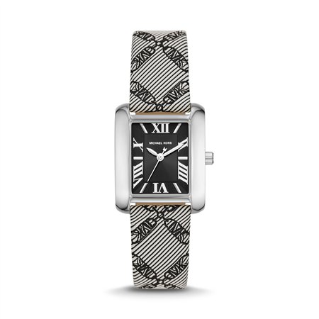 Michael Kors Emery Women’s Silver-Tone Rectangular Watch | 33mm Black Dial with Crystal Bezel and Black Empire Logo Jacquard Strap (MK2991)