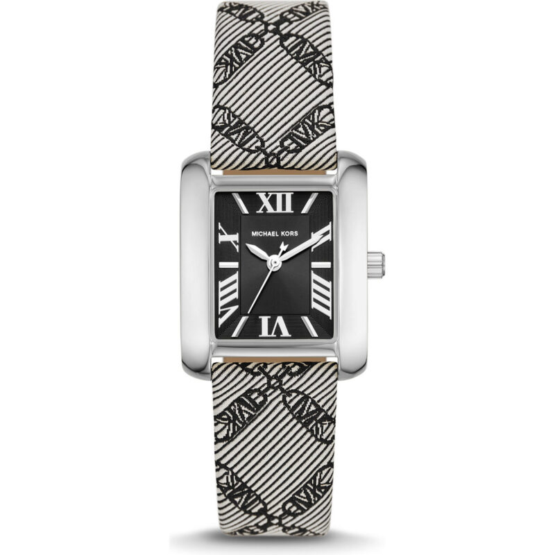 Michael Kors Emery Women’s Silver-Tone Rectangular Watch | 33mm Black Dial with Crystal Bezel and Black Empire Logo Jacquard Strap (MK2991)