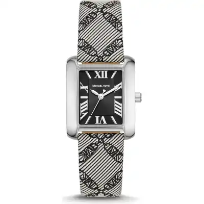 Michael Kors Emery Women’s Silver-Tone Rectangular Watch | 33mm Black Dial with Crystal Bezel and Black Empire Logo Jacquard Strap (MK2991)