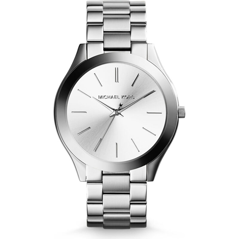 Michael Kors Slim Runway Women’s Silver-Tone Watch | 42mm Silver Sunray Dial with Polished Stainless Steel Bracelet (MK3178)