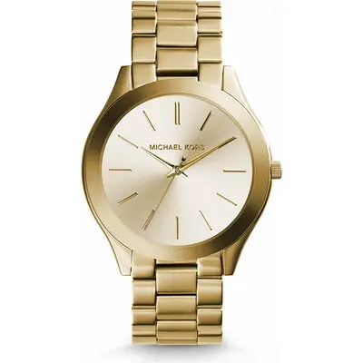 Michael Kors Slim Runway Women’s Gold-Tone Watch | 42mm Champagne Sunray Dial with Polished Gold-Plated Stainless Steel Bracelet (MK3179)