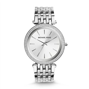 Michael Kors Darci Women’s Silver-Tone Watch | 39mm Silver Dial with Pavé Crystal Double Bezel and Stainless Steel Bracelet (MK3190)