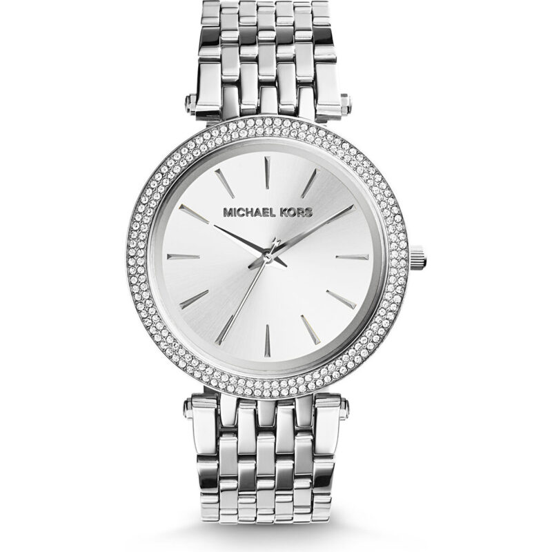 Michael Kors Darci Women’s Silver-Tone Watch | 39mm Silver Dial with Pavé Crystal Double Bezel and Stainless Steel Bracelet (MK3190)