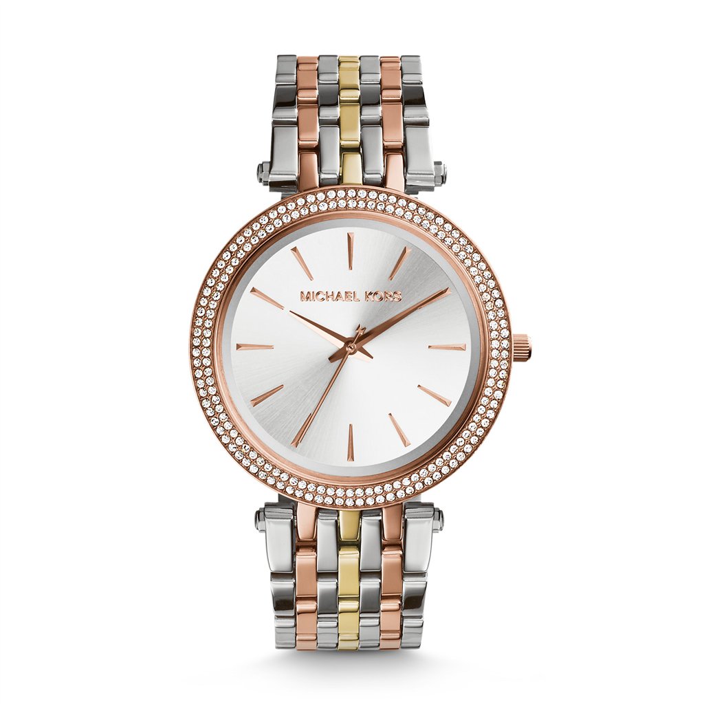 MK3203 main Michael Kors Darci Women’s Tri-Tone Watch | 39mm Silver Dial with Rose Gold-Tone Pavé Crystal Bezel and Mixed-Metal Stainless Steel Bracelet (MK3203)