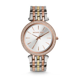 Michael Kors Darci Women’s Tri-Tone Watch | 39mm Silver Dial with Rose Gold-Tone Pavé Crystal Bezel and Mixed-Metal Stainless Steel Bracelet (MK3203)