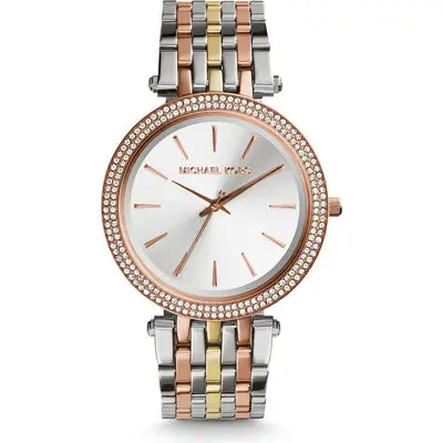 Michael Kors Darci Women’s Tri-Tone Watch | 39mm Silver Dial with Rose Gold-Tone Pavé Crystal Bezel and Mixed-Metal Stainless Steel Bracelet (MK3203)