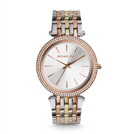 Michael Kors Darci Women’s Tri-Tone Watch | 39mm Silver Dial with Rose Gold-Tone Pavé Crystal Bezel and Mixed-Metal Stainless Steel Bracelet (MK3203)