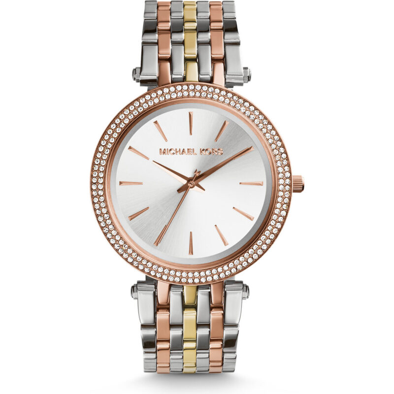 Michael Kors Darci Women’s Tri-Tone Watch | 39mm Silver Dial with Rose Gold-Tone Pavé Crystal Bezel and Mixed-Metal Stainless Steel Bracelet (MK3203)