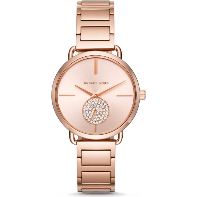 Michael Kors Portia Women’s Rose Gold-Tone Watch | 36.5mm Rose Gold Dial with Pavé Crystal Seconds Sub-Dial and Stainless Steel H-Link Bracelet (MK3640)