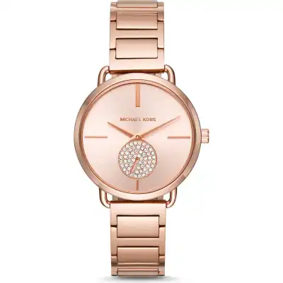 Michael Kors Portia Women’s Rose Gold-Tone Watch | 36.5mm Rose Gold Dial with Pavé Crystal Seconds Sub-Dial and Stainless Steel H-Link Bracelet (MK3640)