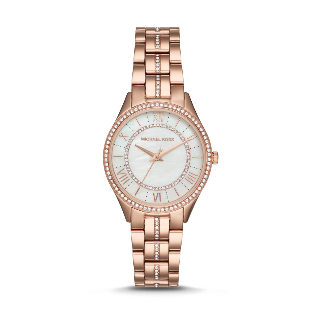 Michael Kors Lauryn Women’s Rose Gold-Tone Watch | 33mm Mother of Pearl Dial with Pavé Crystal Inner-Ring and Glitz Center-Link Bracelet (MK3716)