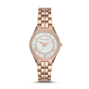 Michael Kors Lauryn Women’s Rose Gold-Tone Watch | 33mm Mother of Pearl Dial with Pavé Crystal Inner-Ring and Glitz Center-Link Bracelet (MK3716)
