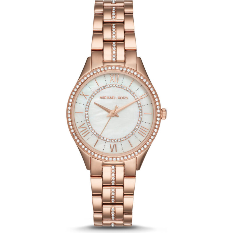 Michael Kors Lauryn Women’s Rose Gold-Tone Watch | 33mm Mother of Pearl Dial with Pavé Crystal Inner-Ring and Glitz Center-Link Bracelet (MK3716)