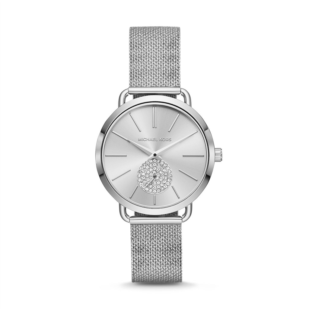 MK3843 main Michael Kors Portia Women’s Silver-Tone Watch | 37mm Silver Sunray Dial with Pavé Crystal Sub-Dial and Stainless Steel Mesh Bracelet (MK3843)