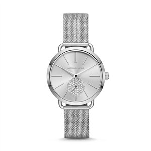 Michael Kors Portia Women’s Silver-Tone Watch | 37mm Silver Sunray Dial with Pavé Crystal Sub-Dial and Stainless Steel Mesh Bracelet (MK3843)