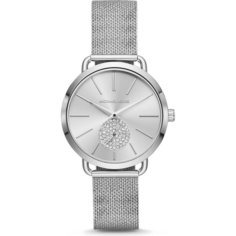 Michael Kors Portia Women’s Silver-Tone Watch | 37mm Silver Sunray Dial with Pavé Crystal Sub-Dial and Stainless Steel Mesh Bracelet (MK3843)