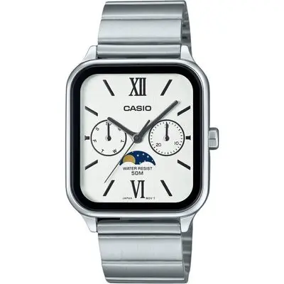 Casio Standard Analog Moon Phase Stainless Steel White Dial Quartz MTP-M305D-7A2V Men's Watch