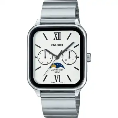 Casio Standard Analog Moon Phase Stainless Steel White Dial Quartz MTP-M305D-7A2V Men's Watch