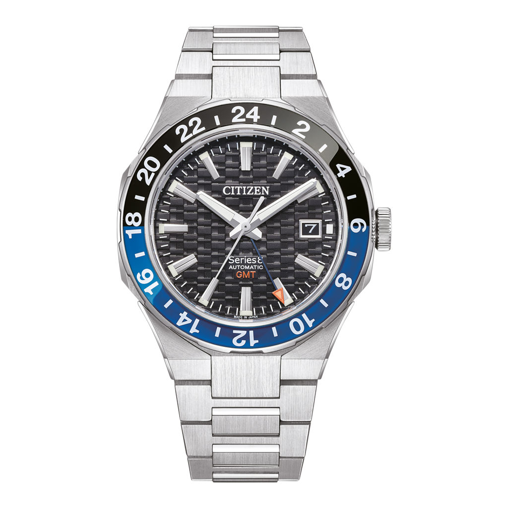 Citizen Series 8 Men’s Automatic GMT | 41mm Textured Black Dial with Blue & Black Batman Bezel, Sapphire Crystal and Integrated Stainless Steel H-Link Bracelet (NB6031-56E)