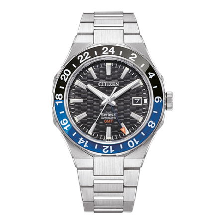Citizen Series 8 Men’s Automatic GMT | 41mm Textured Black Dial with Blue & Black Batman Bezel, Sapphire Crystal and Integrated Stainless Steel H-Link Bracelet (NB6031-56E)