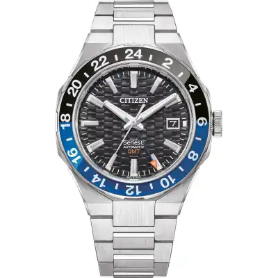 Citizen Series 8 Men’s Automatic GMT | 41mm Textured Black Dial with Blue & Black Batman Bezel, Sapphire Crystal and Integrated Stainless Steel H-Link Bracelet (NB6031-56E)