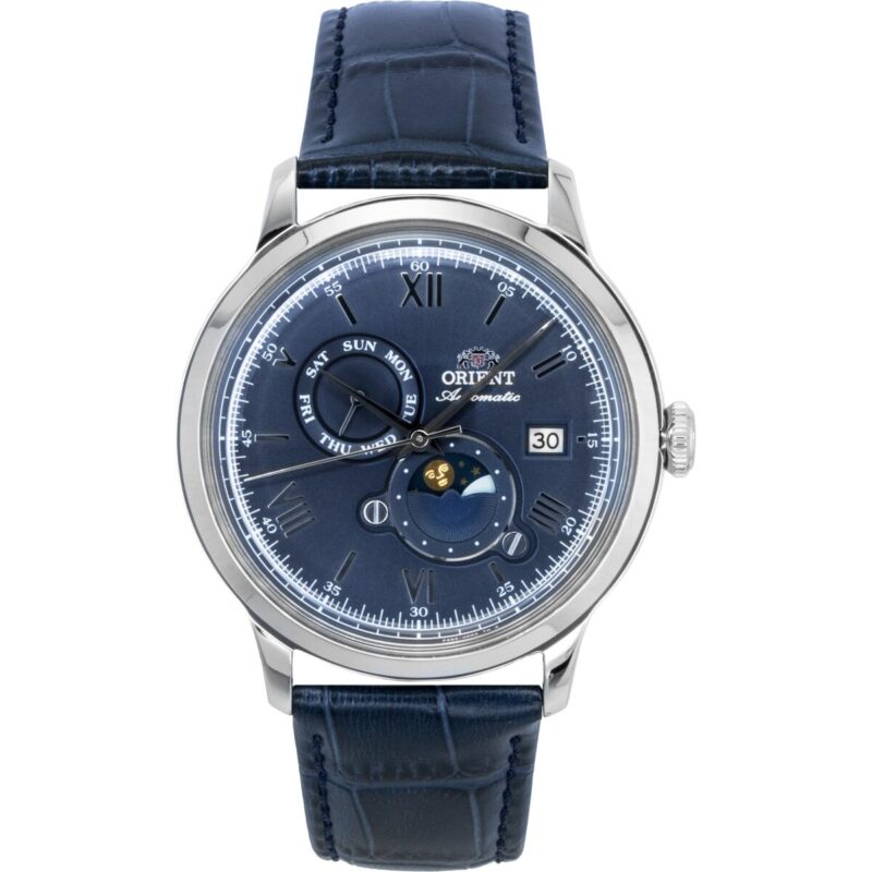 Orient Classic Sun and Moon Leather Strap Navy Blue Dial Automatic RA-AK0806L Men's Watch