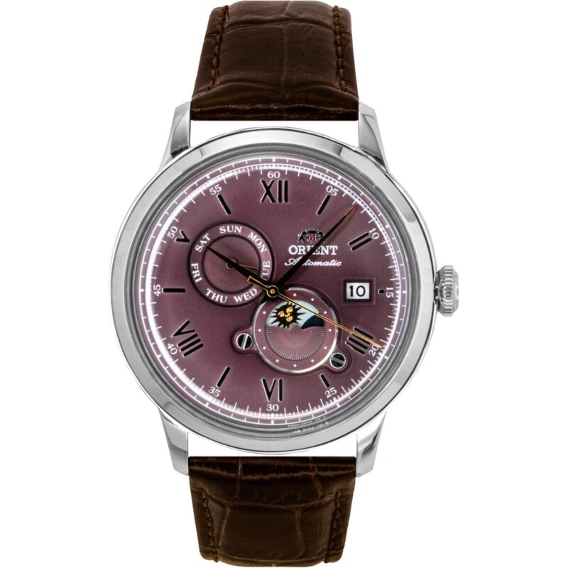 Orient Classic Sun and Moon Leather Strap Bordeaux Dial Automatic RA-AK0807R Men's Watch