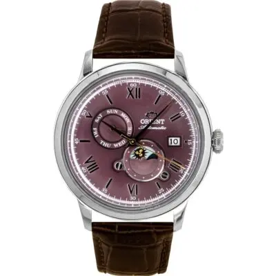 Orient Classic Sun and Moon Leather Strap Bordeaux Dial Automatic RA-AK0807R Men's Watch